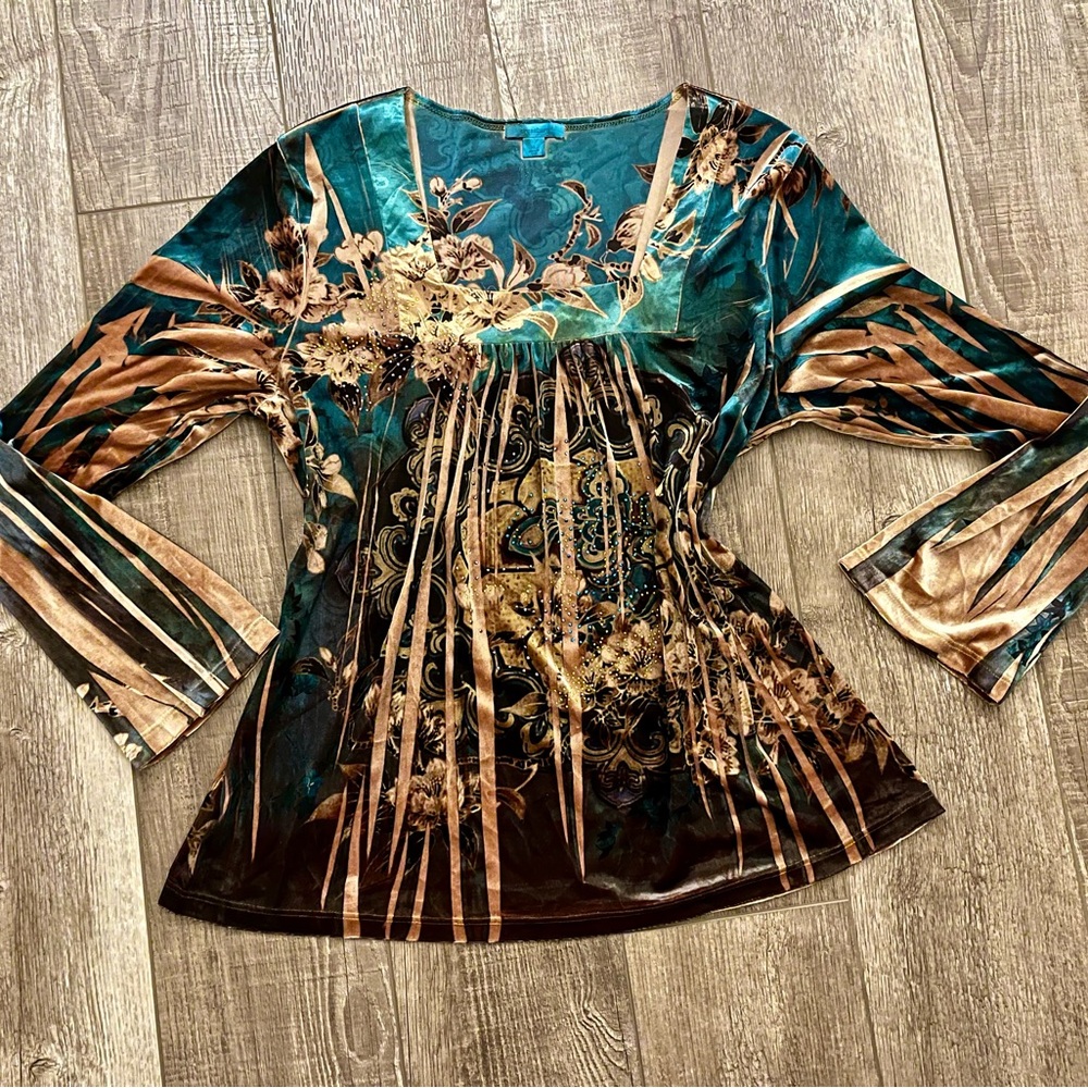 Brown blue floral vintage velvet Blouse XL